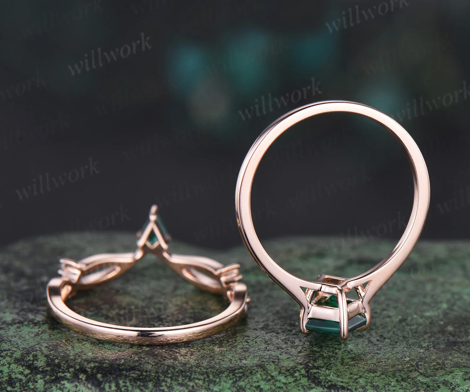 Dainty Emerald Engagement Ring Set Kite Cut Solitaire Minimalist Wedding Set Rose Gold Art Deco May birthstone Bridal Set Anniversary Gift sold by Willwork Jewelry product image thumbnail 5