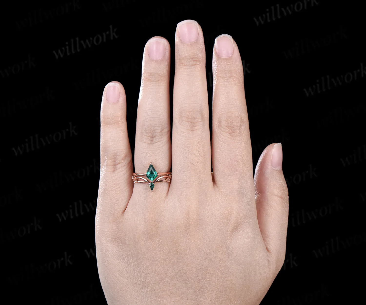 Dainty Emerald Engagement Ring Set Kite Cut Solitaire Minimalist Wedding Set Rose Gold Art Deco May birthstone Bridal Set Anniversary Gift sold by Willwork Jewelry product image thumbnail 3