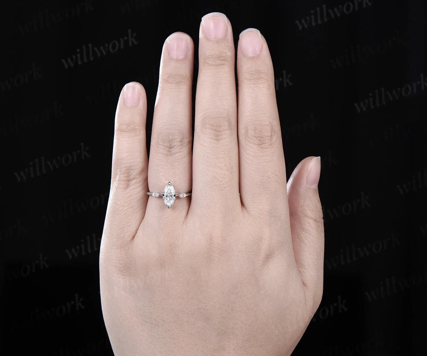 1ct Marquise cut moissanite engagement ring solid 14k white gold three stone diamond promise ring her Minimalist unique wedding ring women sold by Willwork Jewelry product image thumbnail 2