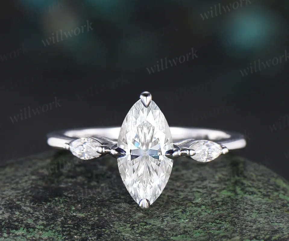 1ct Marquise cut moissanite engagement ring solid 14k white gold three stone diamond promise ring her Minimalist unique wedding ring women made by Willwork Jewelry