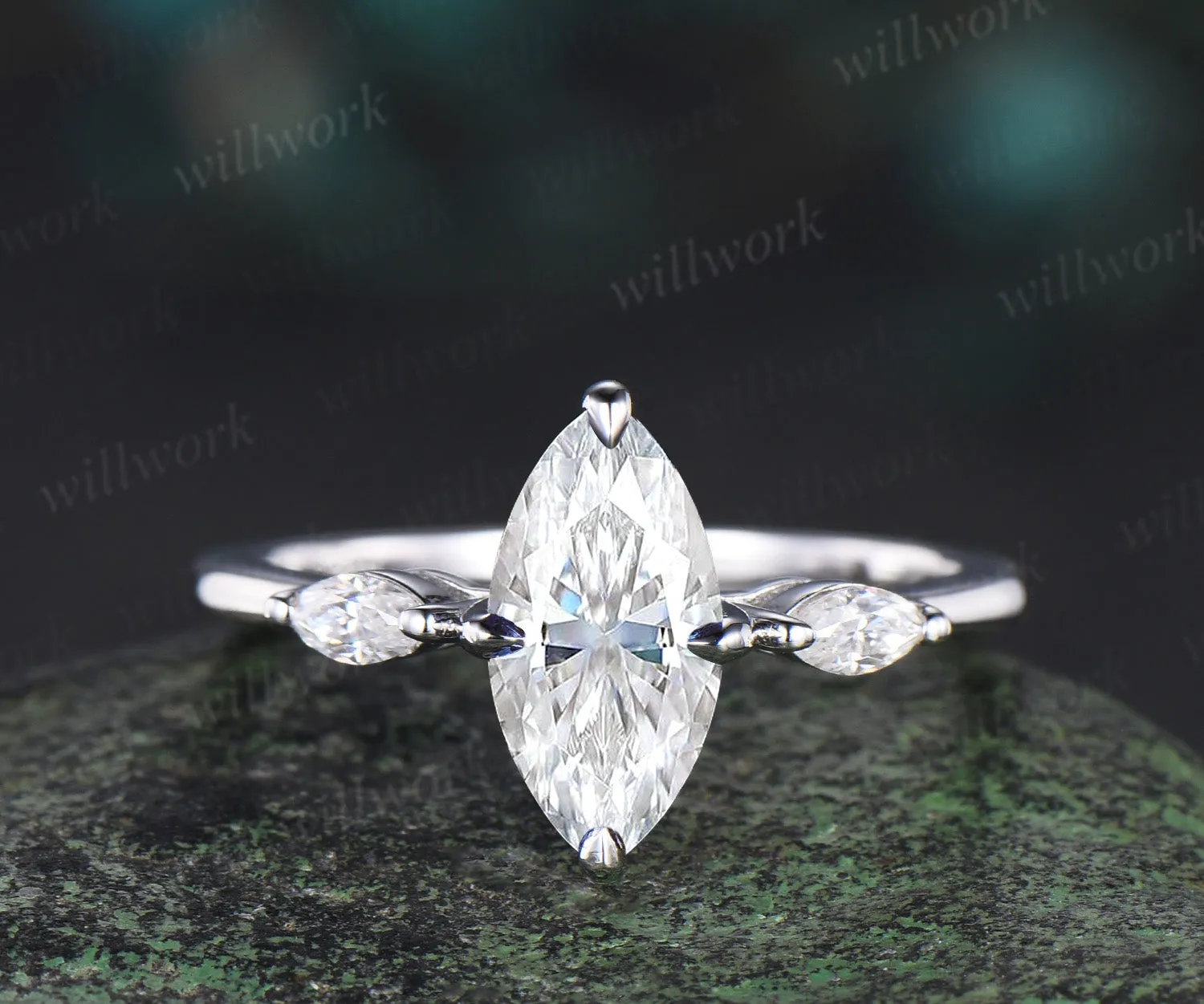 1ct Marquise cut moissanite engagement ring solid 14k white gold three stone diamond promise ring her Minimalist unique wedding ring women sold by Willwork Jewelry
