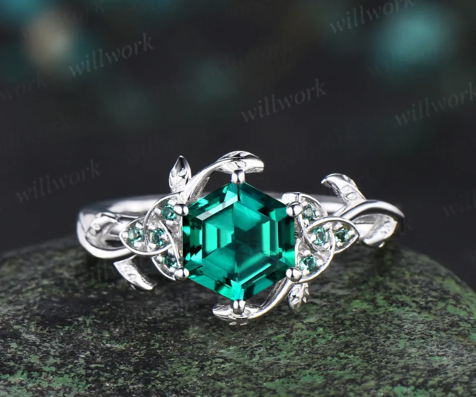 Hexagon cut green emerald Celtic knot engagement ring 14k white gold emerald leaf ring women anniversary gifts sold by Willwork Jewelry