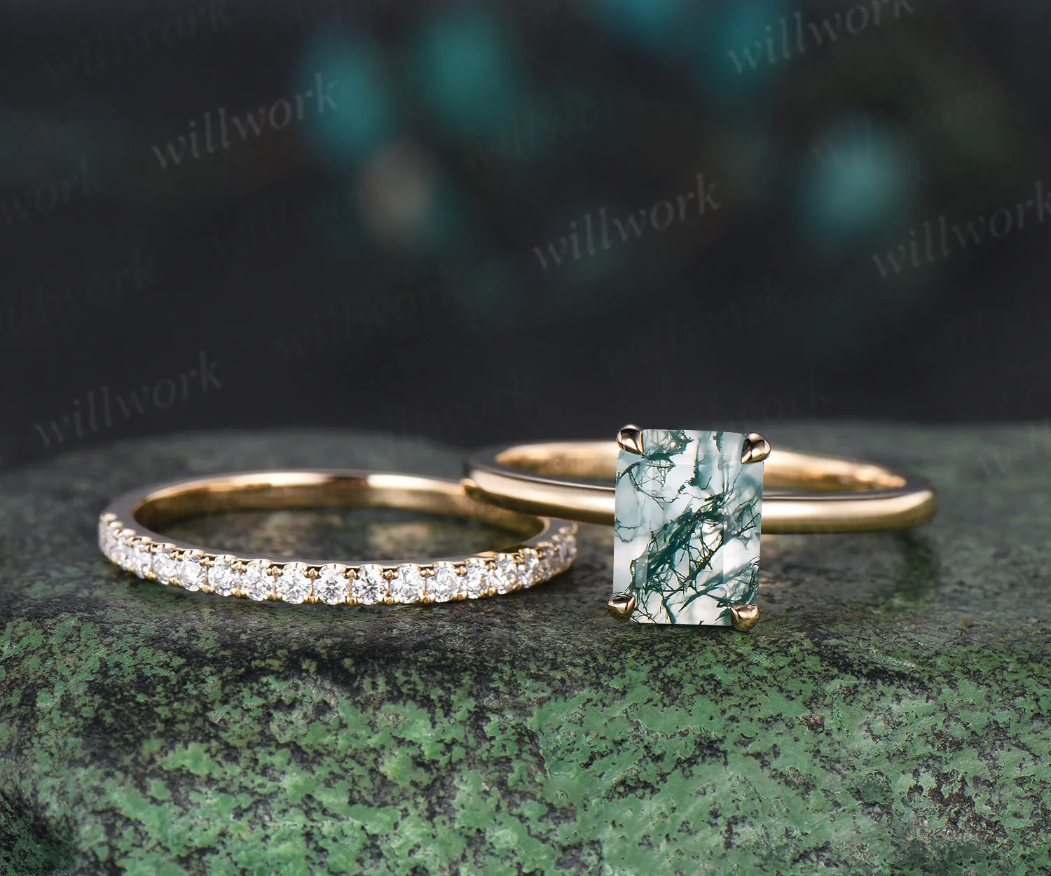 Emerald Cut Natural Moss Agate Engagement Ring 10k Solid Gold Moss Agate Solitaire Wedding Bridal Ring Hidden Halo Ring Promise Gifts sold by Willwork Jewelry product image thumbnail 2