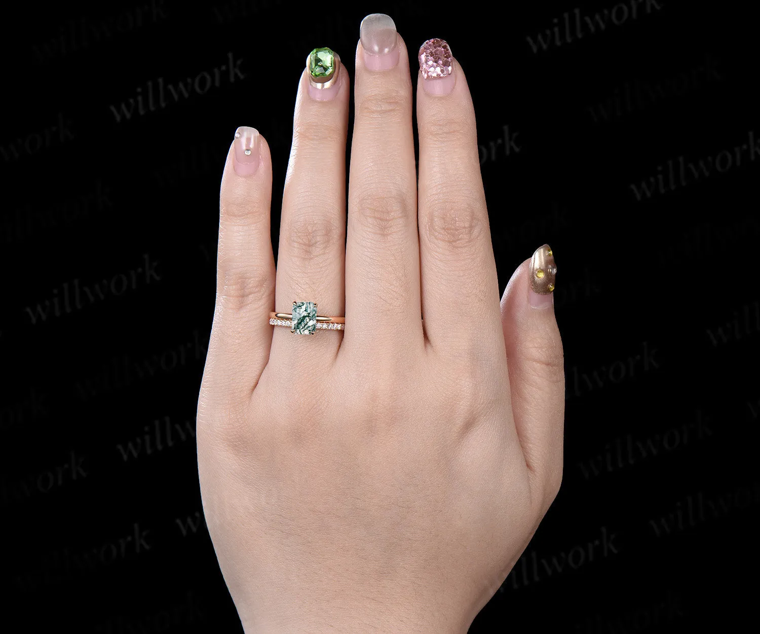 Emerald Cut Natural Moss Agate Engagement Ring 10k Solid Gold Moss Agate Solitaire Wedding Bridal Ring Hidden Halo Ring Promise Gifts sold by Willwork Jewelry product image thumbnail 3
