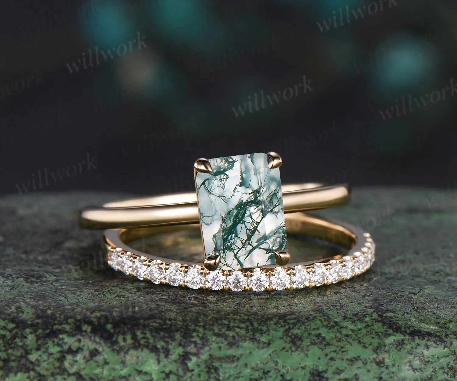 Emerald Cut Natural Moss Agate Engagement Ring 10k Solid Gold Moss Agate Solitaire Wedding Bridal Ring Hidden Halo Ring Promise Gifts sold by Willwork Jewelry