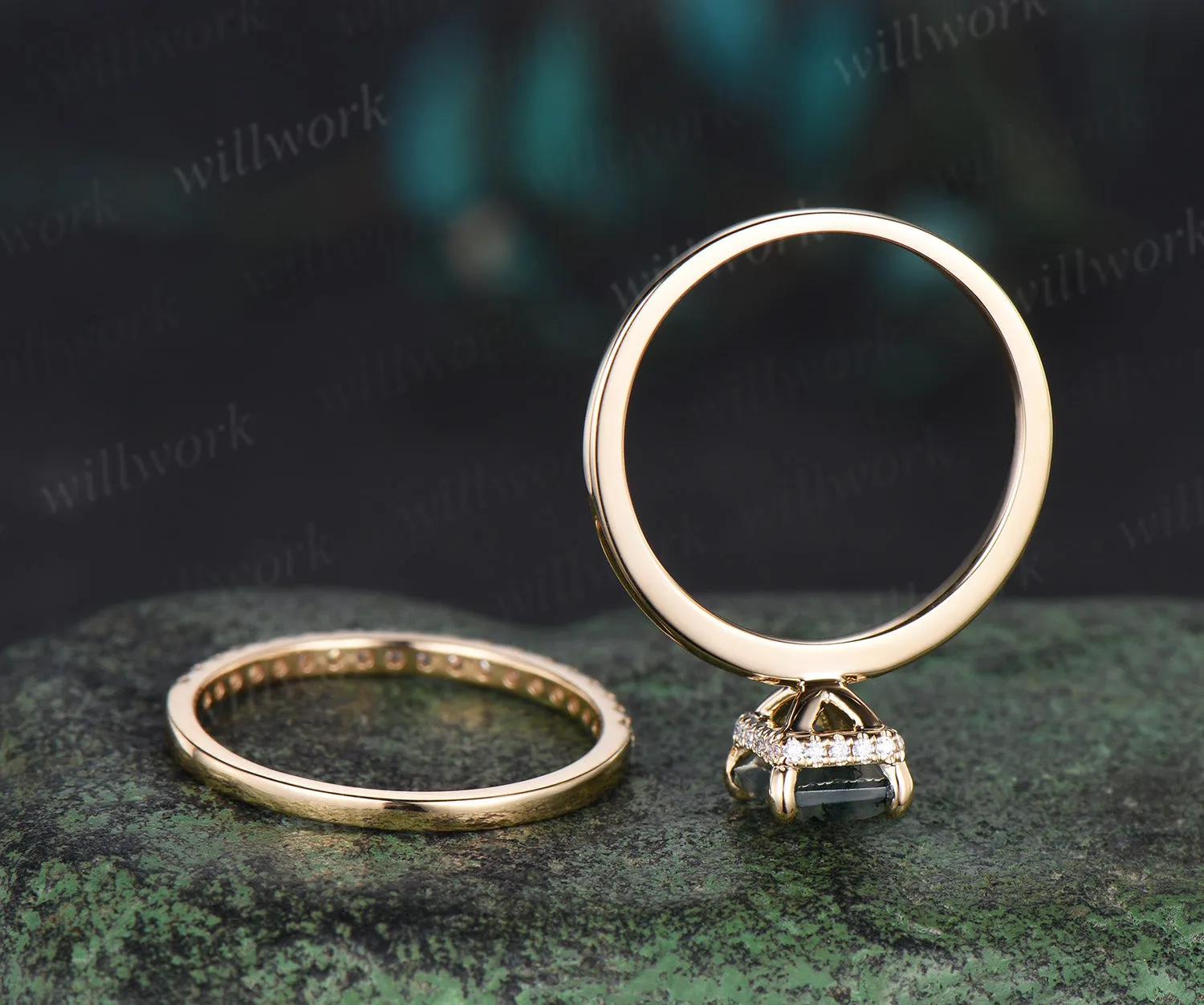 Emerald Cut Natural Moss Agate Engagement Ring 10k Solid Gold Moss Agate Solitaire Wedding Bridal Ring Hidden Halo Ring Promise Gifts sold by Willwork Jewelry product image thumbnail 5