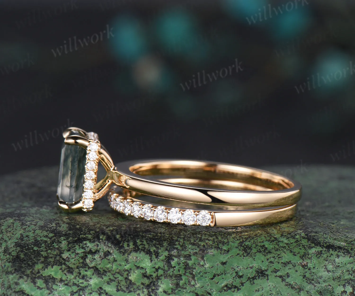 Emerald Cut Natural Moss Agate Engagement Ring 10k Solid Gold Moss Agate Solitaire Wedding Bridal Ring Hidden Halo Ring Promise Gifts sold by Willwork Jewelry product image thumbnail 4