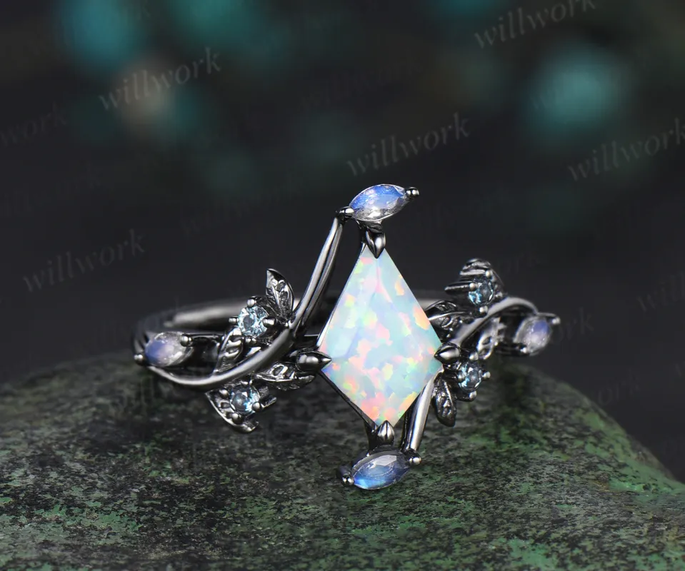 Kite cut white opal leaf engagement ring black gold branch moonstone alexandrite wedding anniversary ring women sold by Willwork Jewelry