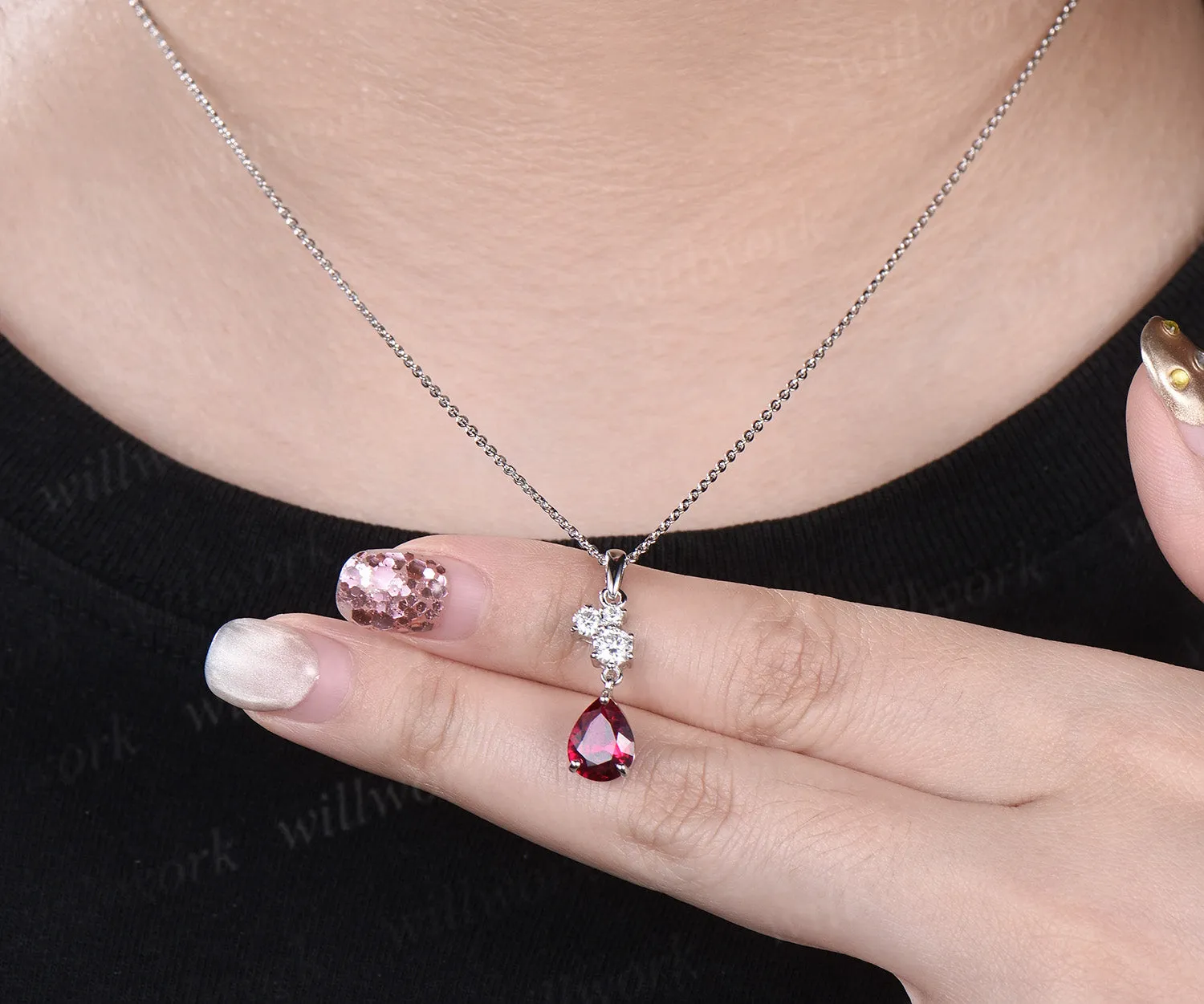 Vintage Pear Cut July Birthstone Ruby Necklace Minimalist Moissanite Cluster Dangle Necklace Delicate 14k White Gold Ruby Birthday Pendant sold by Willwork Jewelry product image thumbnail 3