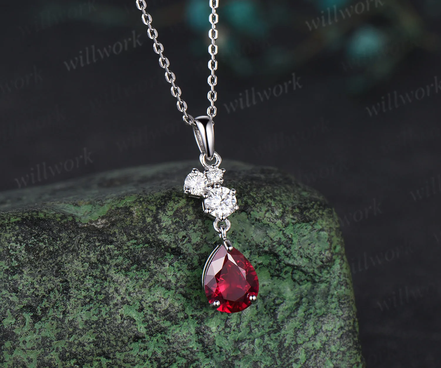 Vintage Pear Cut July Birthstone Ruby Necklace Minimalist Moissanite Cluster Dangle Necklace Delicate 14k White Gold Ruby Birthday Pendant sold by Willwork Jewelry product image thumbnail 2