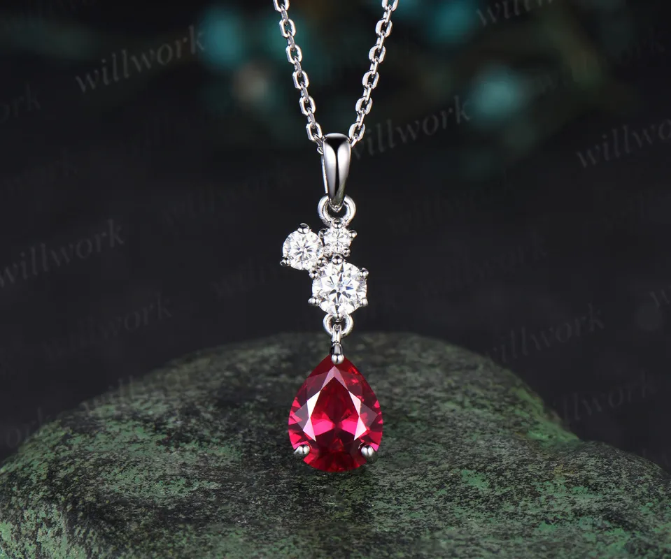 Vintage Pear Cut July Birthstone Ruby Necklace Minimalist Moissanite Cluster Dangle Necklace Delicate 14k White Gold Ruby Birthday Pendant sold by Willwork Jewelry