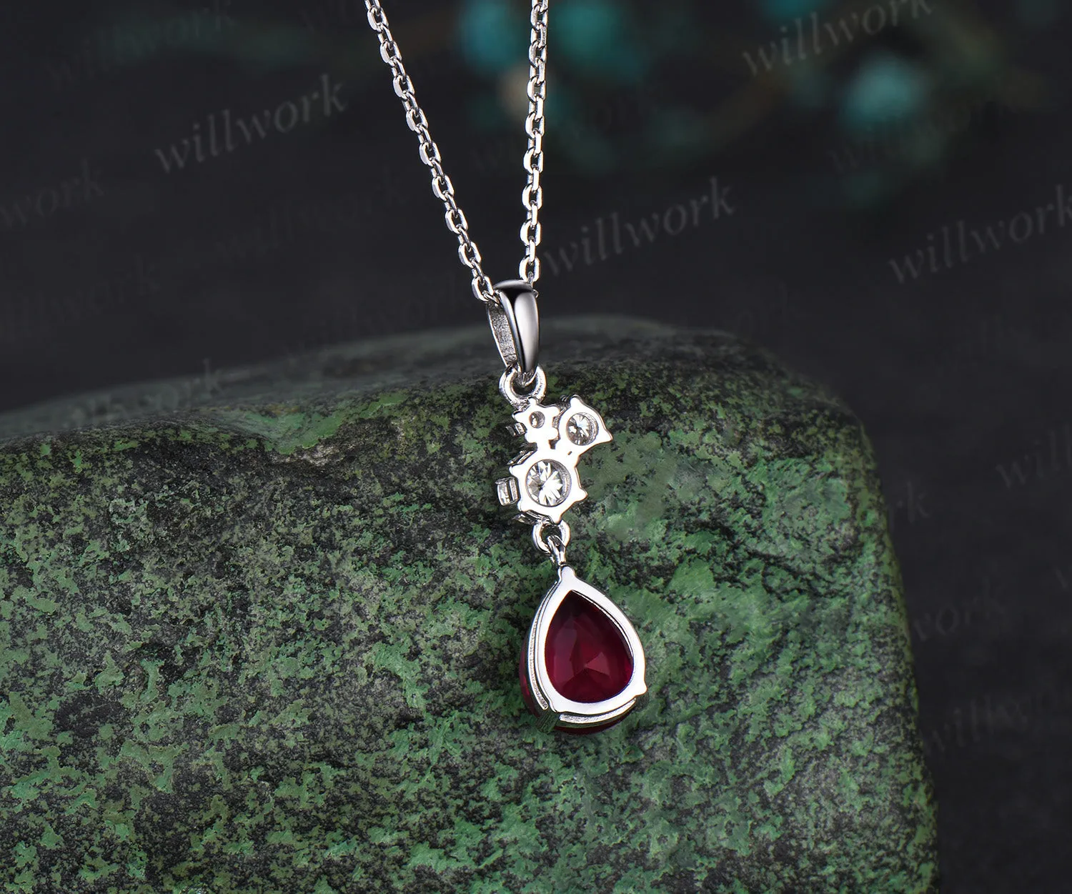 Vintage Pear Cut July Birthstone Ruby Necklace Minimalist Moissanite Cluster Dangle Necklace Delicate 14k White Gold Ruby Birthday Pendant sold by Willwork Jewelry product image thumbnail 4