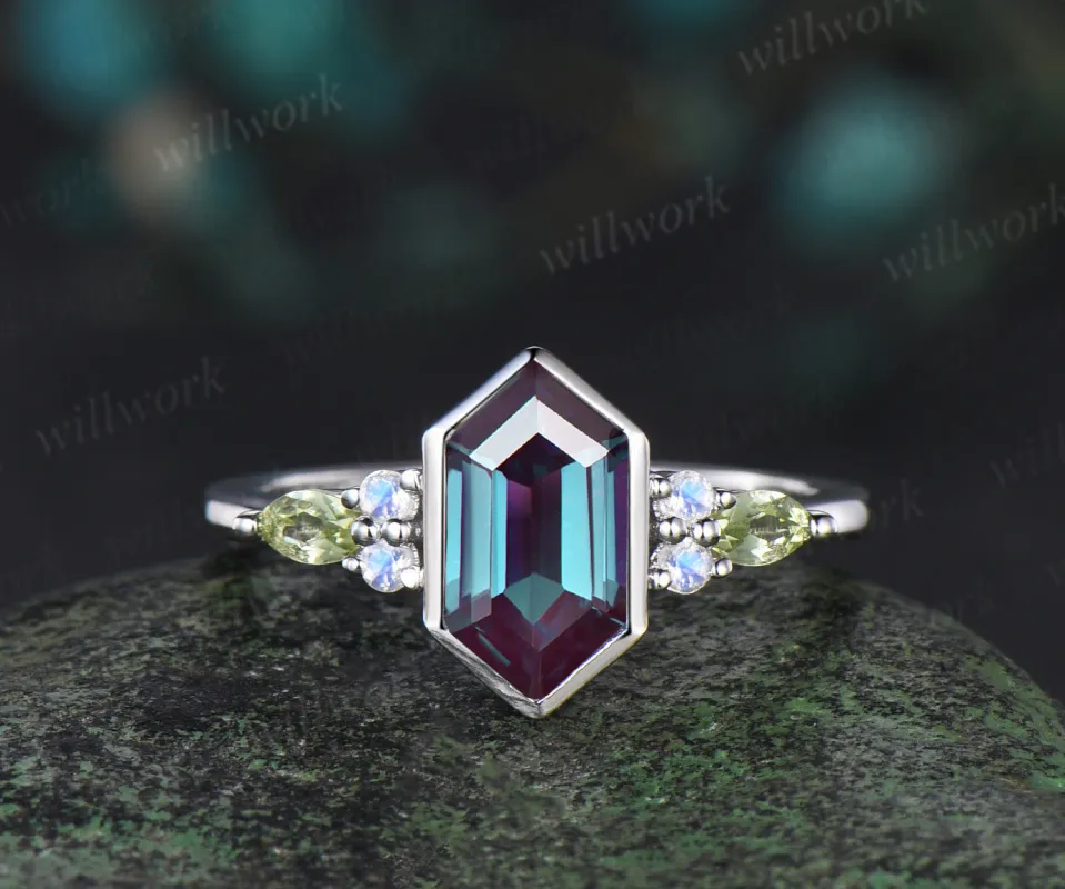 Long hexagon cut alexandrite bezel engagement ring 14k white gold moonstone peridot promise anniversary ring women sold by Willwork Jewelry