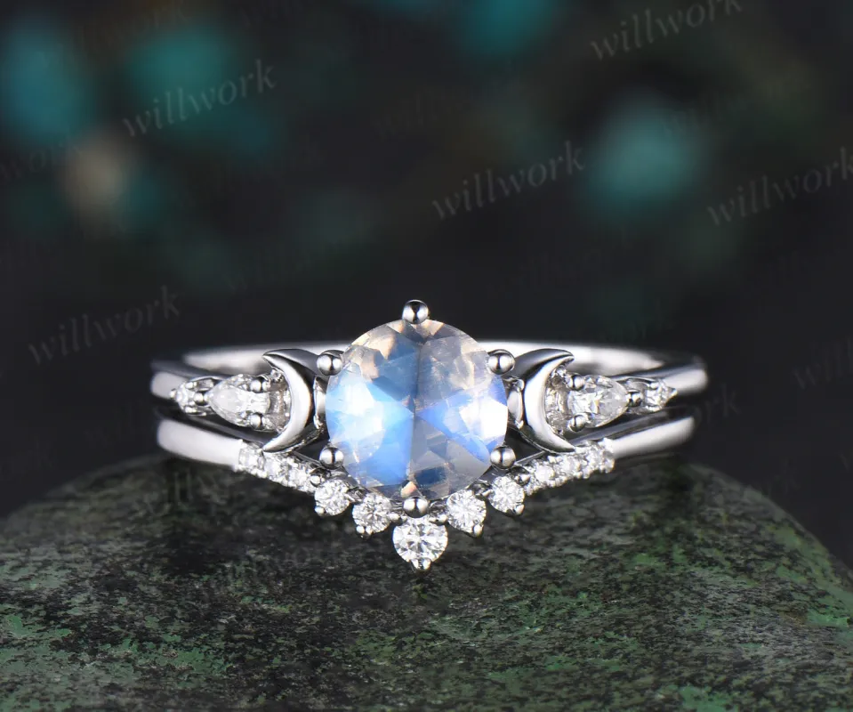 Round rose cut moonstone engagement ring set 14k white gold five stone moon diamond stacking wedding anniversary ring women sold by Willwork Jewelry