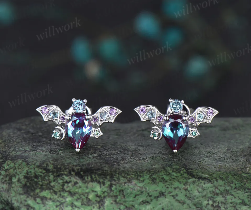 Vintage pear alexandrite bat stud earrings rose gold moon unique earrings emerald amethyst anniversary gift women sold by Willwork Jewelry