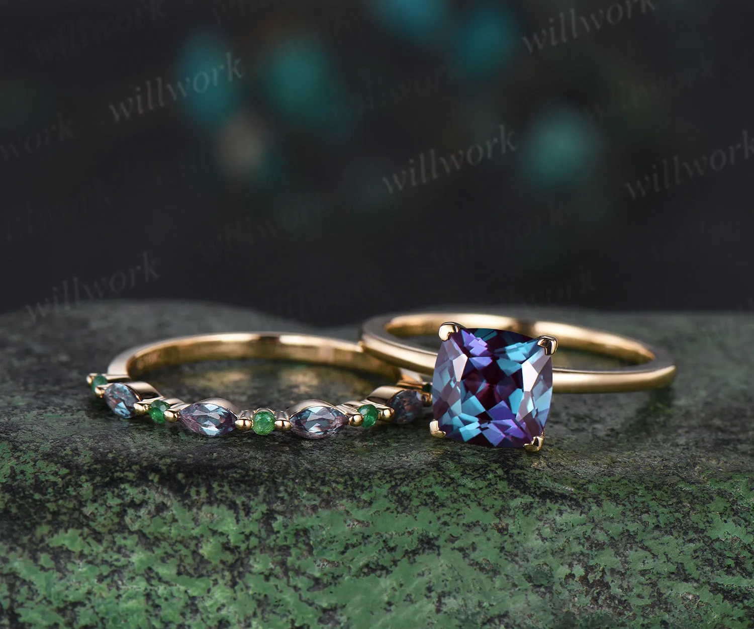 Cushion cut alexandrite Solitaire engagement ring set solid 14k yellow gold Proposal unique wedding ring set women sold by Willwork Jewelry product image thumbnail 3