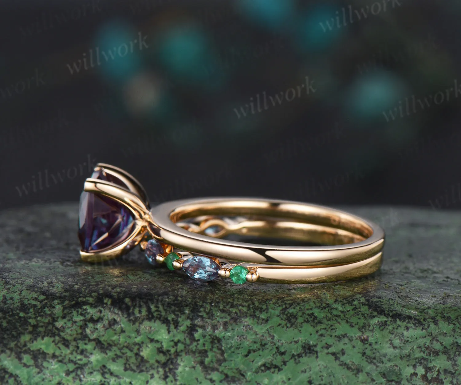 Cushion cut alexandrite Solitaire engagement ring set solid 14k yellow gold Proposal unique wedding ring set women sold by Willwork Jewelry product image thumbnail 5