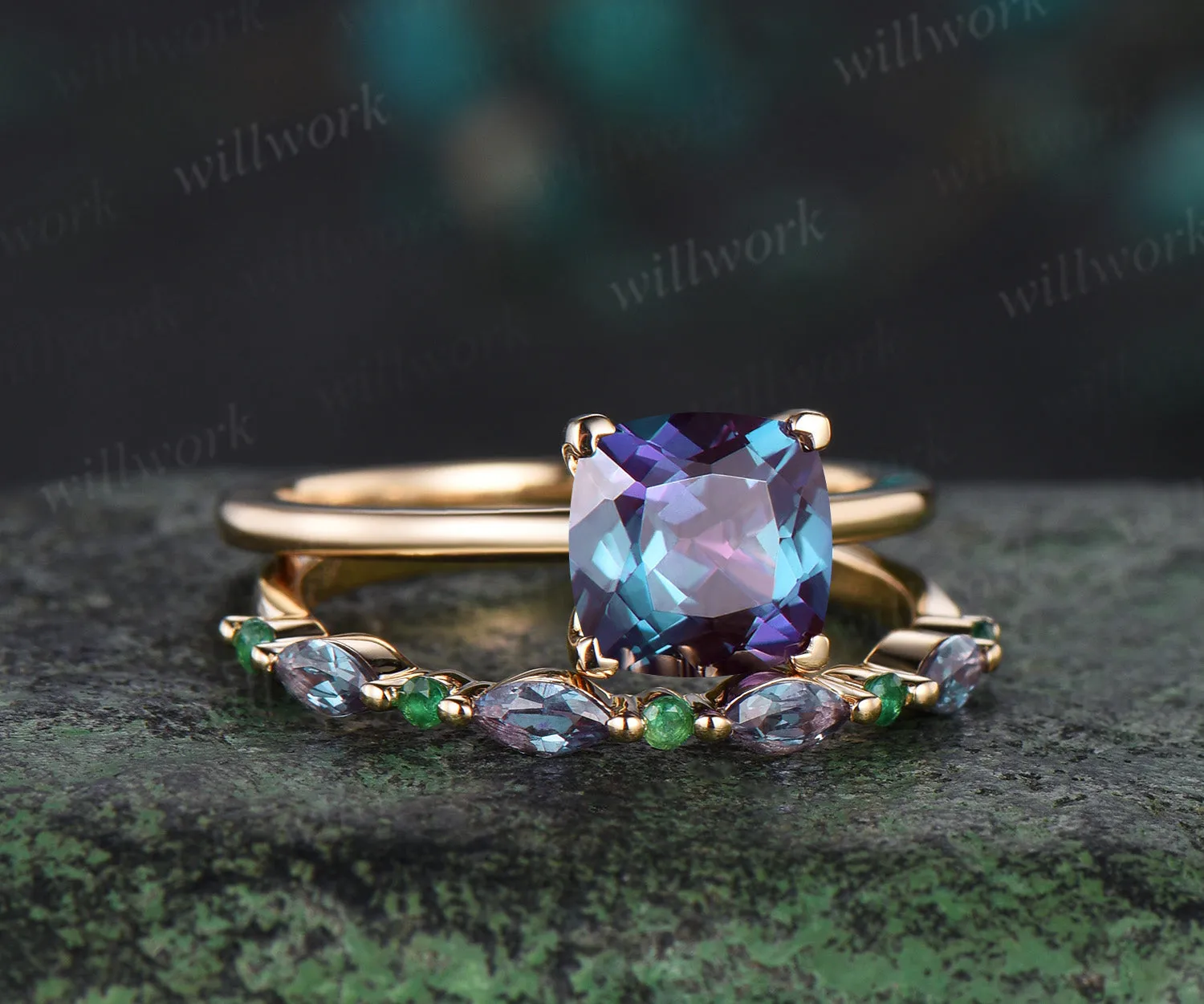 Cushion cut alexandrite Solitaire engagement ring set solid 14k yellow gold Proposal unique wedding ring set women sold by Willwork Jewelry product image thumbnail 2