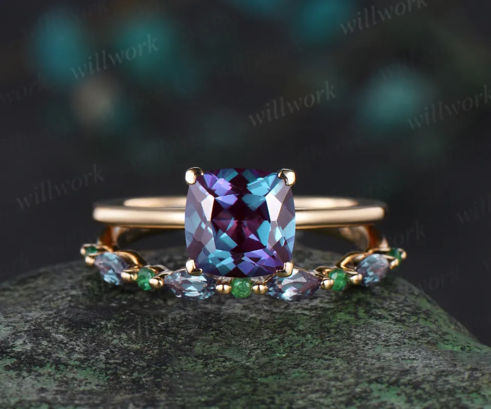 Cushion cut alexandrite Solitaire engagement ring set solid 14k yellow gold Proposal unique wedding ring set women made by Willwork Jewelry