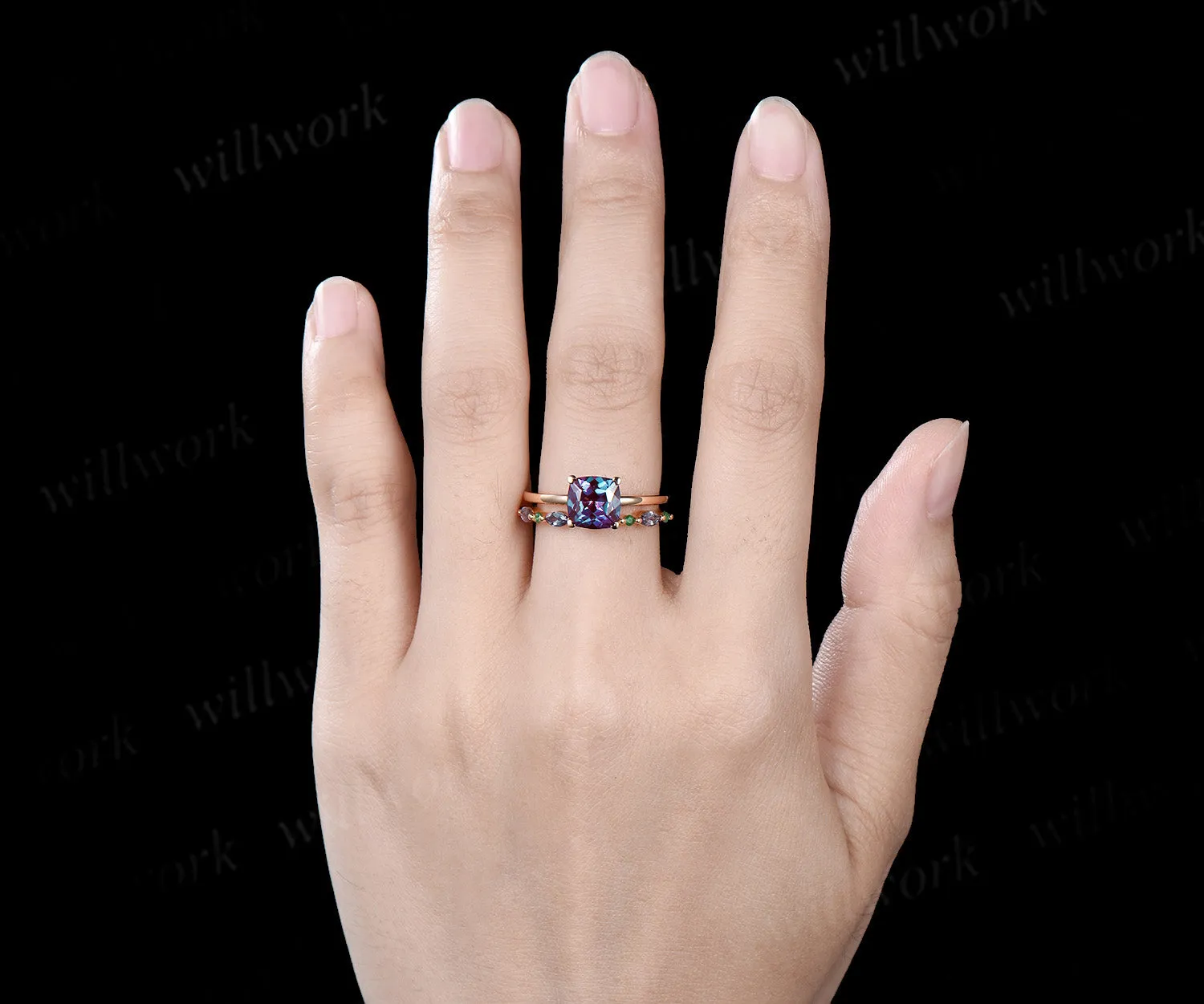 Cushion cut alexandrite Solitaire engagement ring set solid 14k yellow gold Proposal unique wedding ring set women sold by Willwork Jewelry product image thumbnail 4