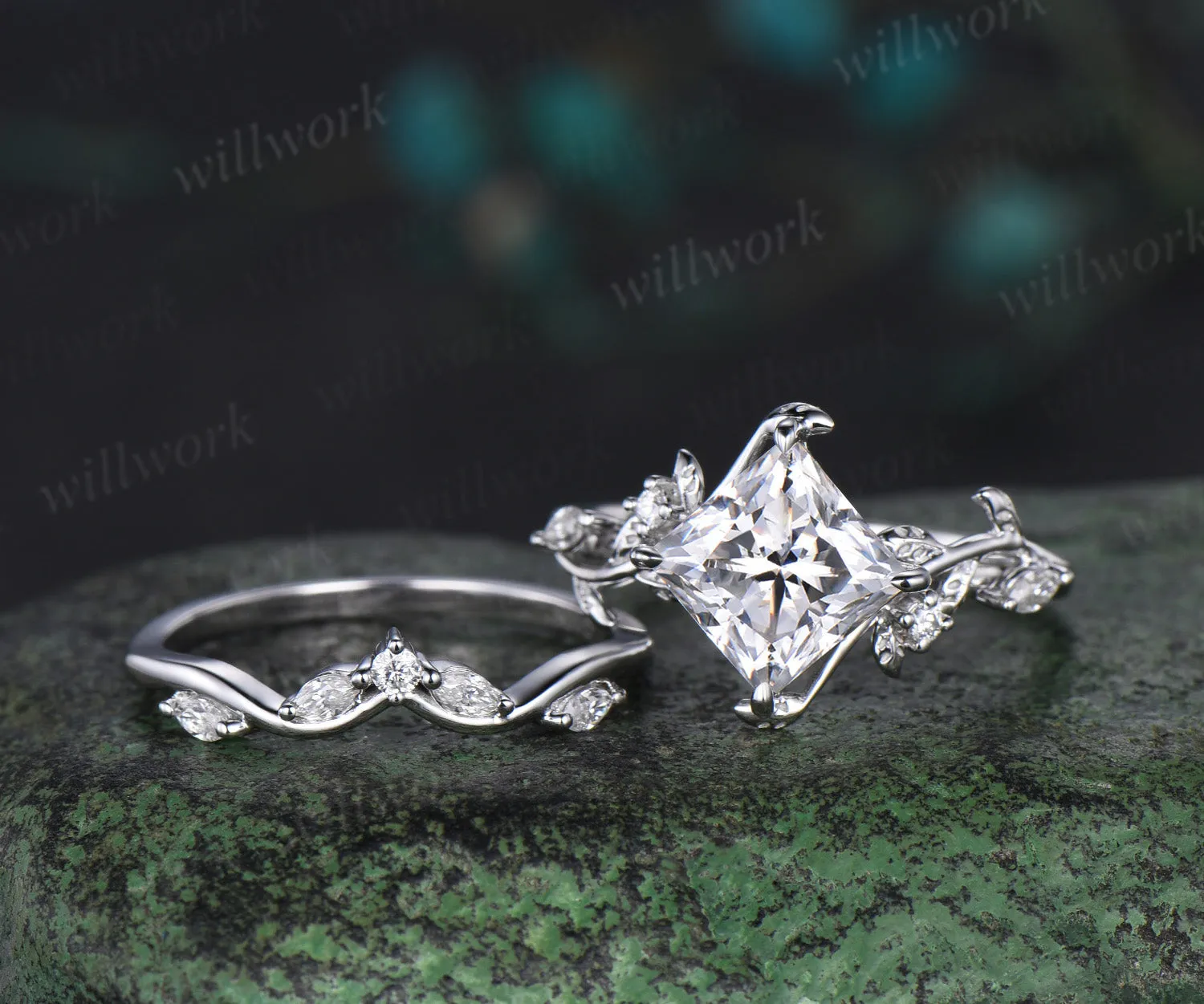 Nature Inspired Princess Cut Moissanite Engagement Ring 14k White Gold Twist Leaf Vine Ring Diamond Wedding Ring Set Proposal Gift for Women sold by Willwork Jewelry product image thumbnail 2