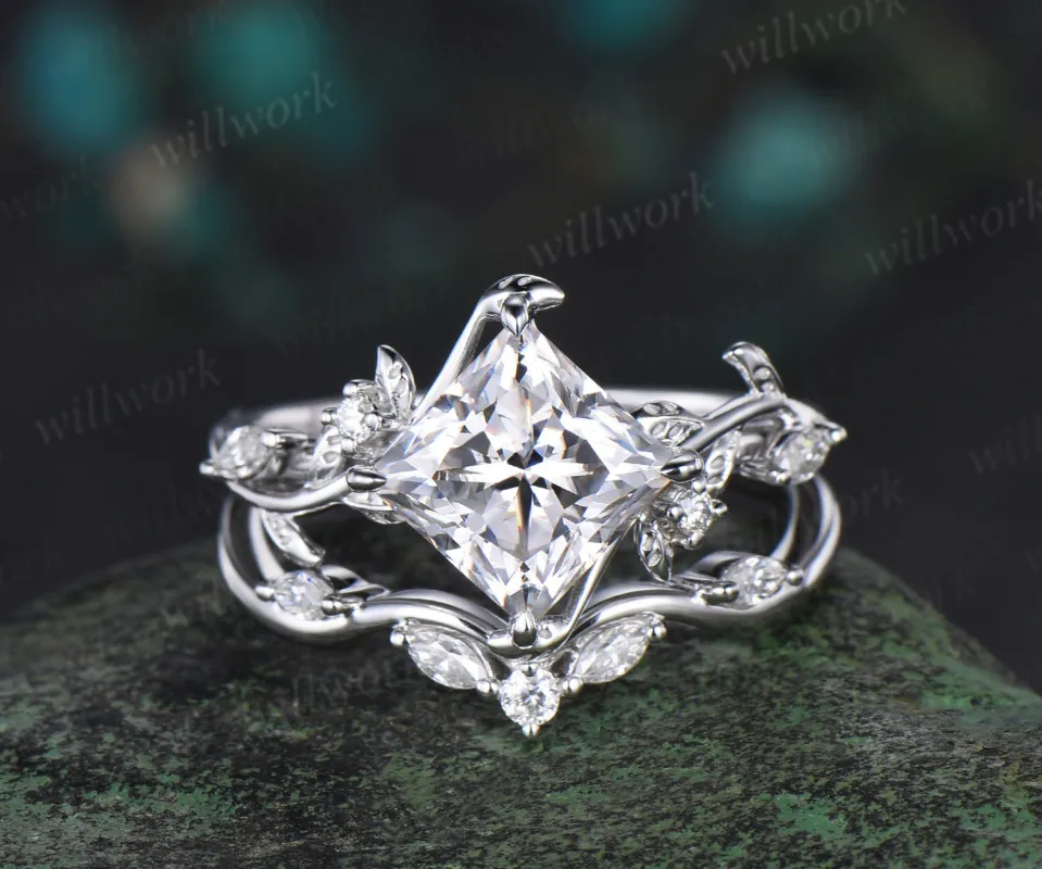 Nature Inspired Princess Cut Moissanite Engagement Ring 14k White Gold Twist Leaf Vine Ring Diamond Wedding Ring Set Proposal Gift for Women sold by Willwork Jewelry