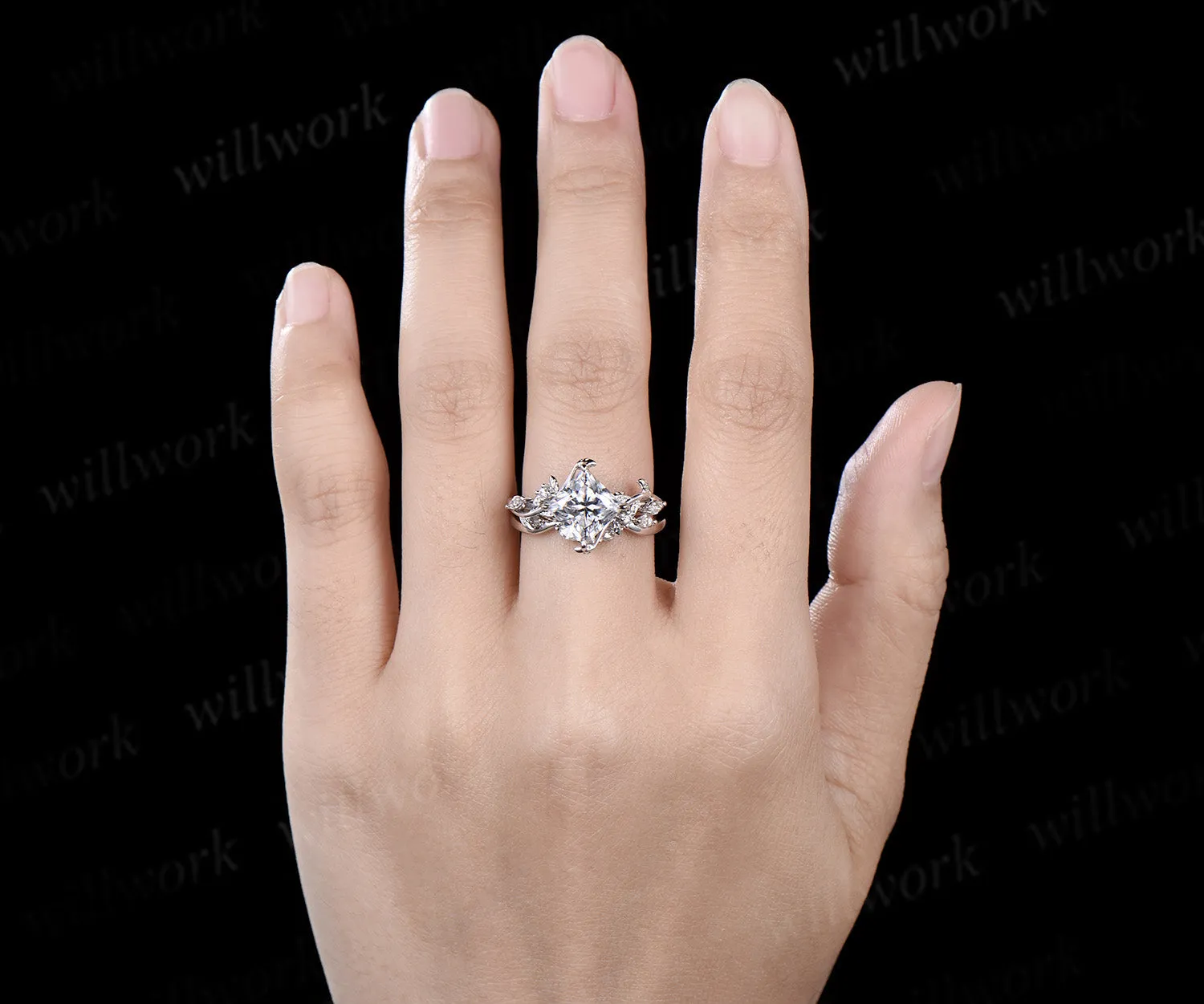 Nature Inspired Princess Cut Moissanite Engagement Ring 14k White Gold Twist Leaf Vine Ring Diamond Wedding Ring Set Proposal Gift for Women sold by Willwork Jewelry product image thumbnail 3