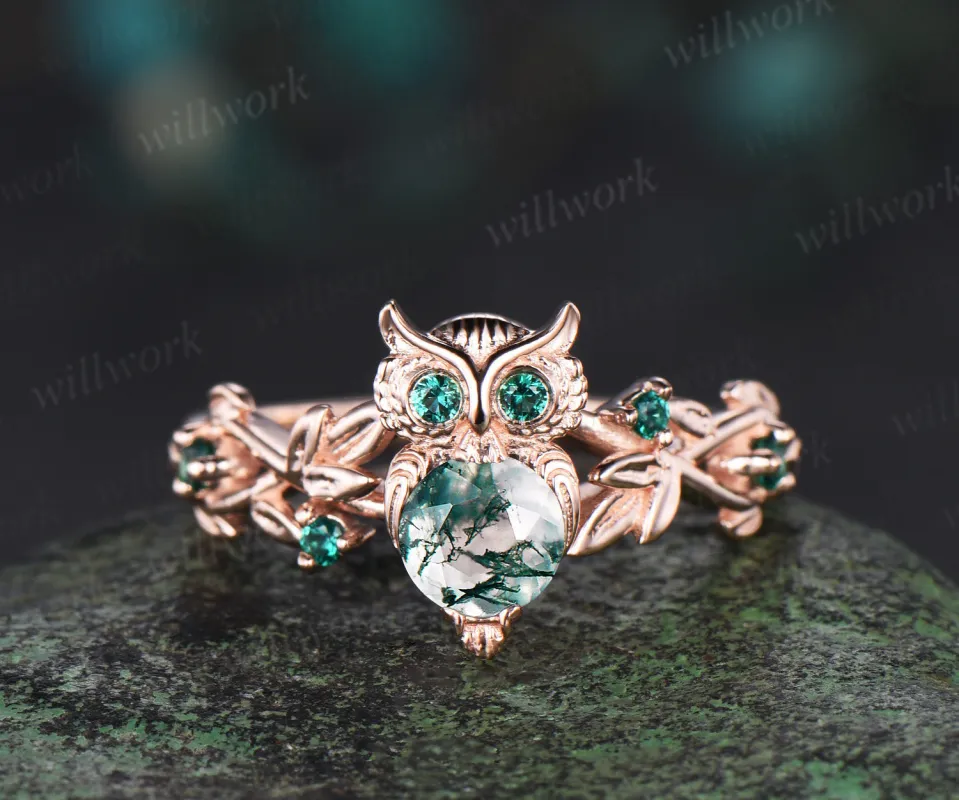 Round moss agate Owl Engagement Ring 14k rose gold emerald Branch Leaf Wedding Ring Nature Inspired Ring Birthday Gift for Owl Lover sold by Willwork Jewelry