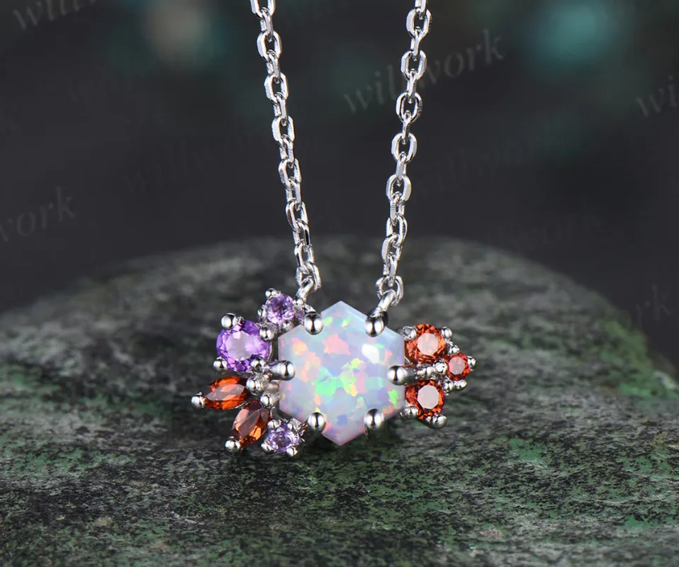 Hexagon white opal necklace white gold women vintage unique art deco cluster amethyst garnet necklace Pendant bridal anniversary gift sold by Willwork Jewelry