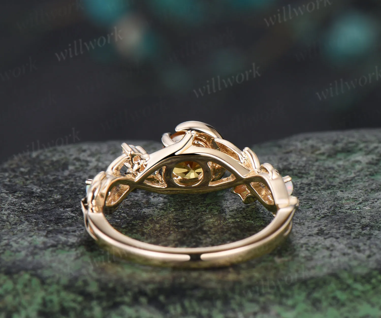 Round cut natural yellow sapphire Engagement Ring moon leaf star opal ring 14k gold vintage Nature Inspired unique wedding ring women sold by Willwork Jewelry product image thumbnail 5