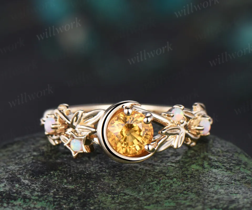 Round cut natural yellow sapphire Engagement Ring moon leaf star opal ring 14k gold vintage Nature Inspired unique wedding ring women made by Willwork Jewelry