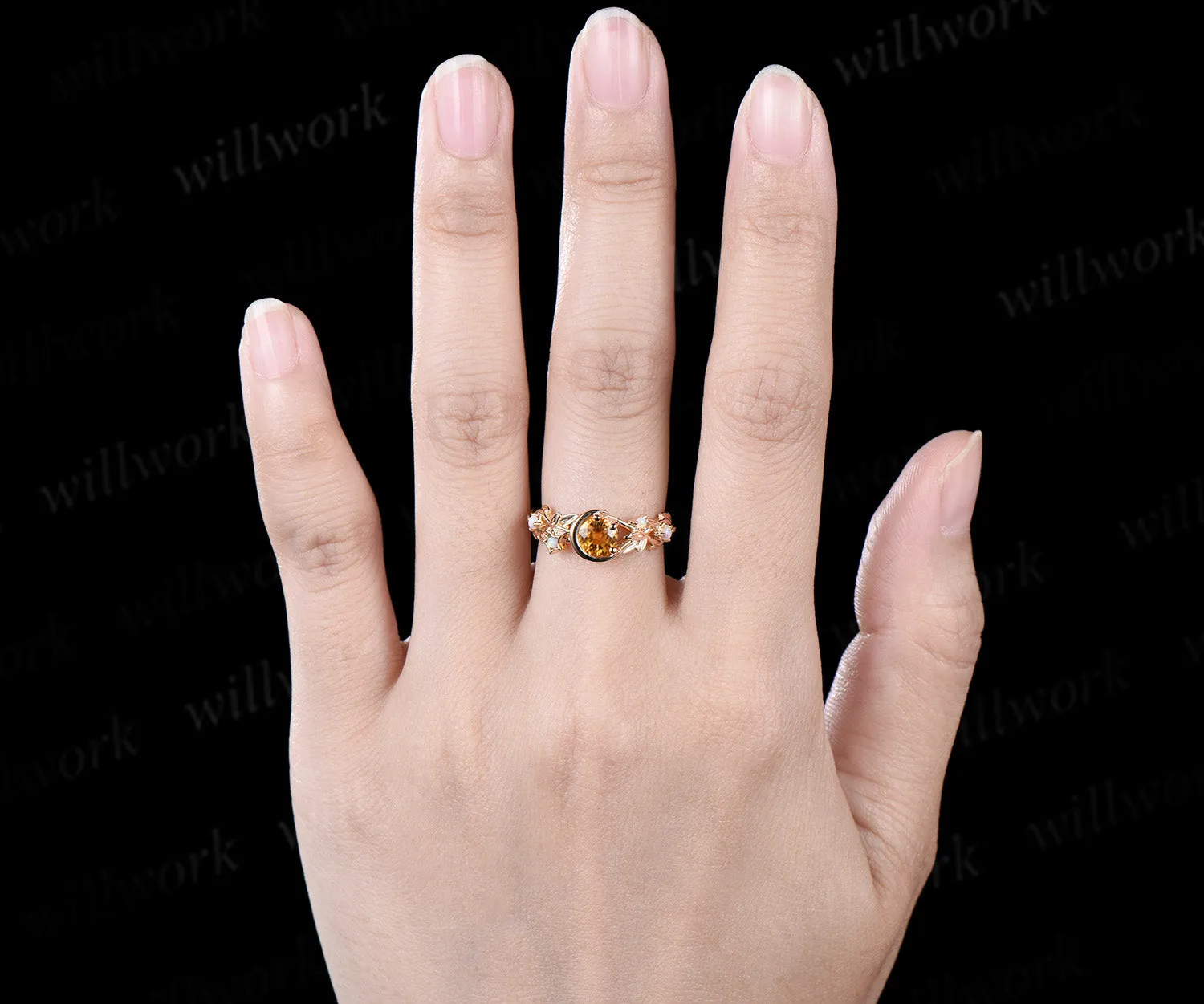 Round cut natural yellow sapphire Engagement Ring moon leaf star opal ring 14k gold vintage Nature Inspired unique wedding ring women sold by Willwork Jewelry product image thumbnail 3