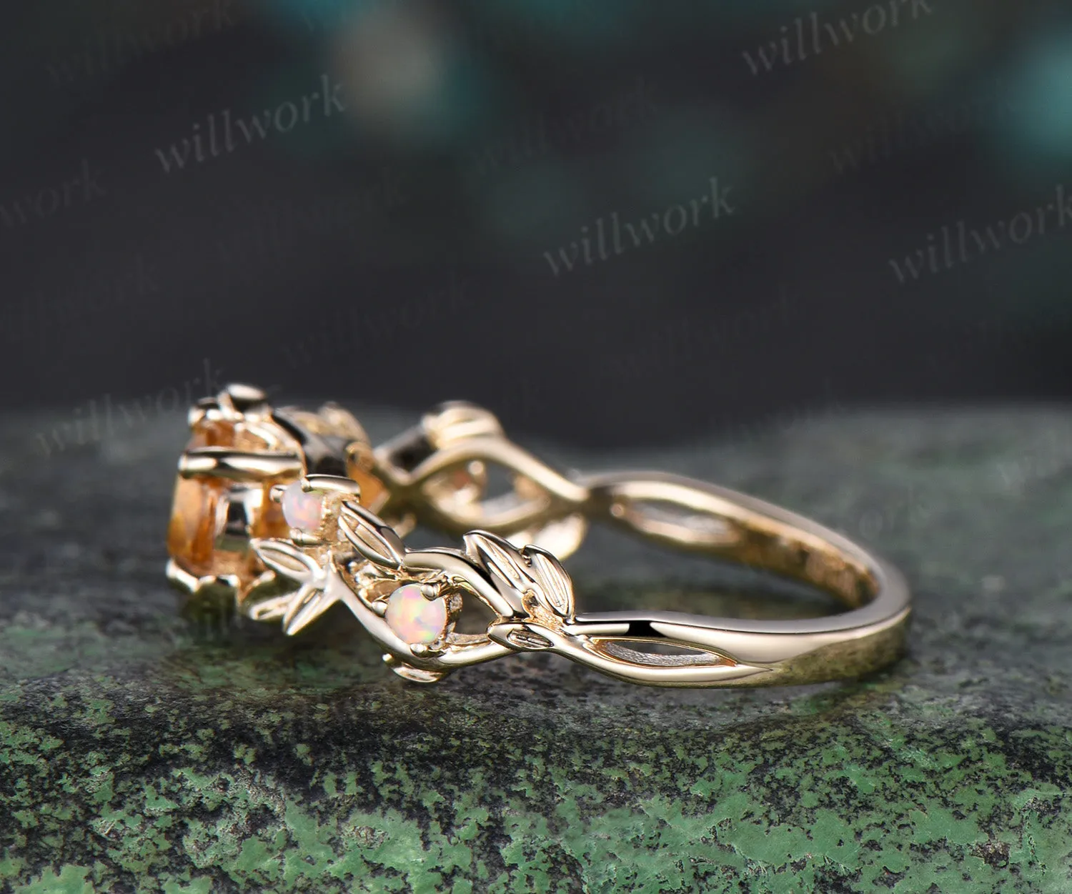 Round cut natural yellow sapphire Engagement Ring moon leaf star opal ring 14k gold vintage Nature Inspired unique wedding ring women sold by Willwork Jewelry product image thumbnail 4