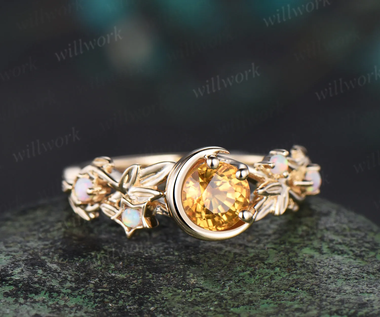 Round cut natural yellow sapphire Engagement Ring moon leaf star opal ring 14k gold vintage Nature Inspired unique wedding ring women sold by Willwork Jewelry product image thumbnail 2