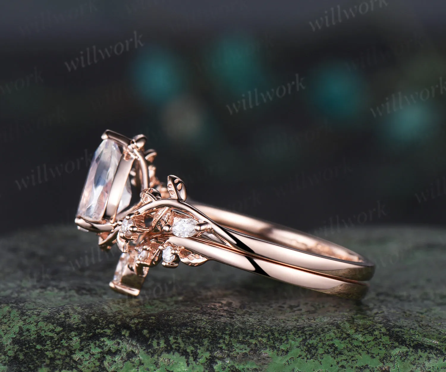 Pear shaped moonstone engagement ring set solid 14k rose gold leaf branch nature inspired promise bridal ring women jewelry sold by Willwork Jewelry product image thumbnail 5