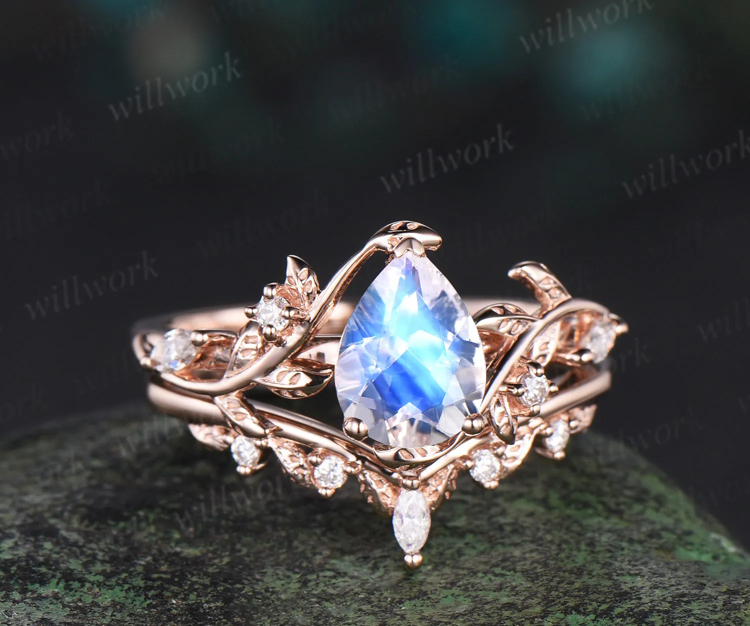 Pear shaped moonstone engagement ring set solid 14k rose gold leaf branch nature inspired promise bridal ring women jewelry sold by Willwork Jewelry product image thumbnail 4