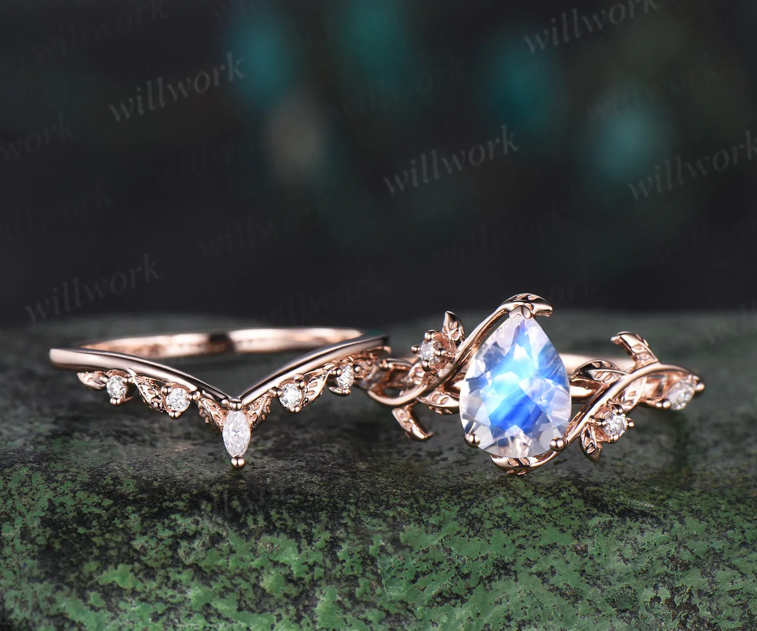 Pear shaped moonstone engagement ring set solid 14k rose gold leaf branch nature inspired promise bridal ring women jewelry sold by Willwork Jewelry product image thumbnail 2