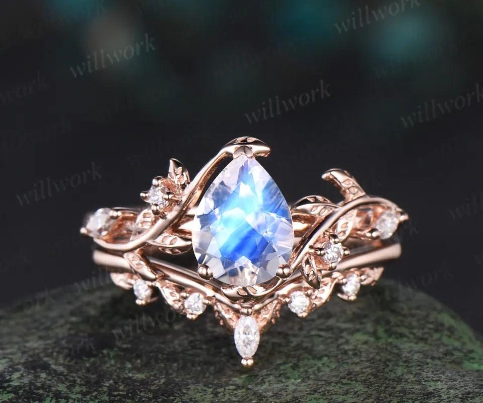 Pear shaped moonstone engagement ring set solid 14k rose gold leaf branch nature inspired promise bridal ring women jewelry sold by Willwork Jewelry