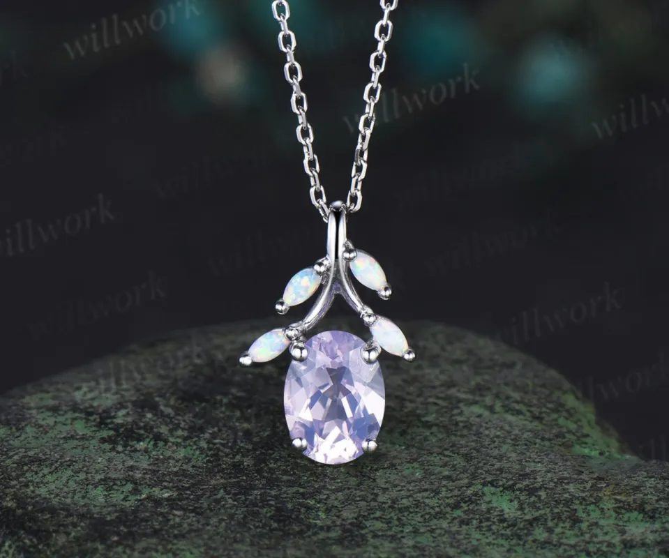 Oval cut Lavender Amethyst Necklace 14k white gold five stone marquise opal Nature Inspired Pendant antique anniversary gift jewelry sold by Willwork Jewelry
