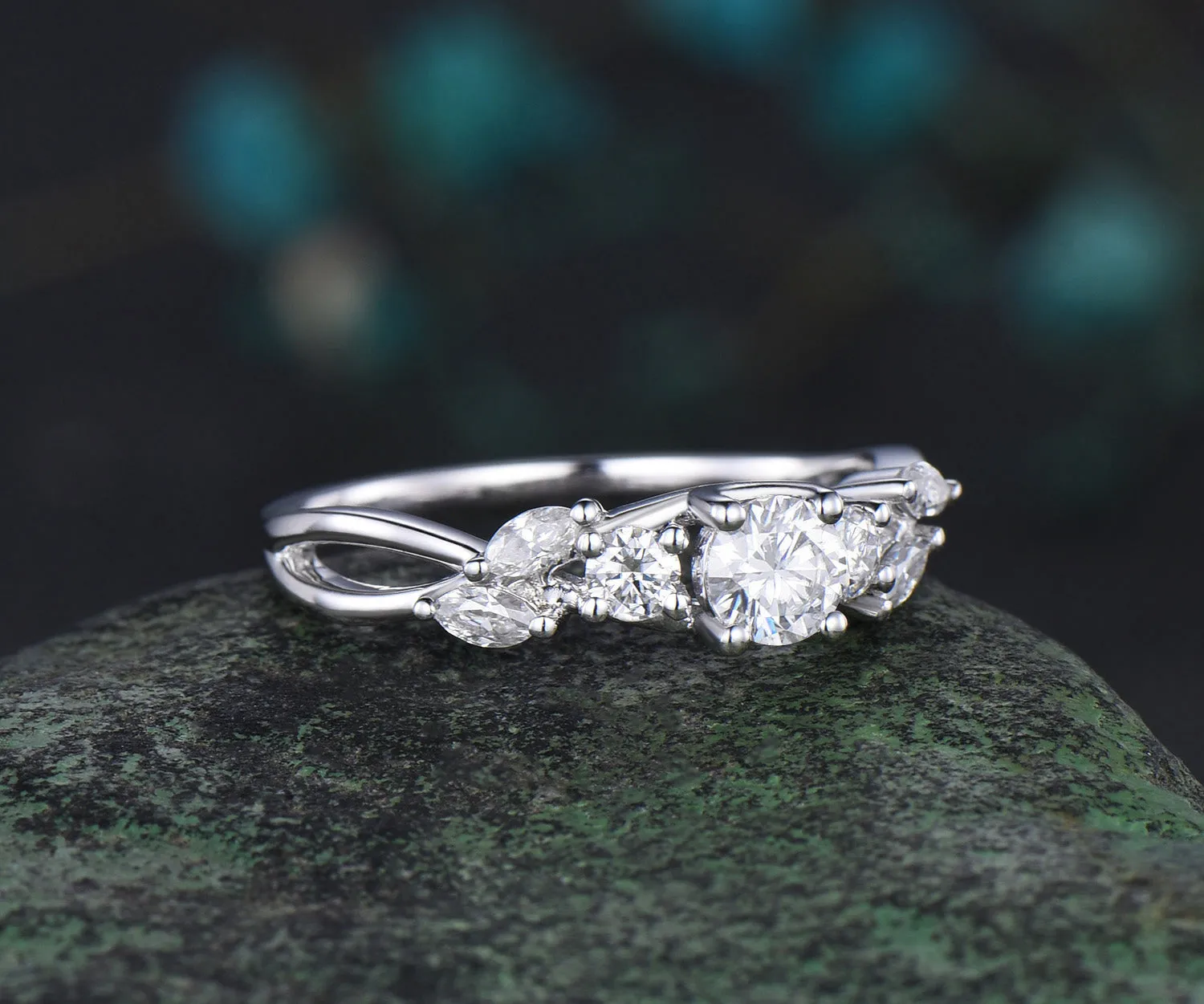 Unique 4mm Round Cut Moissanite Engagement Ring Art Deco Twisted Split Shank Ring 14k White Gold Seven Stone Bridal Ring Custom Gift For Women sold by Willwork Jewelry product image thumbnail 2