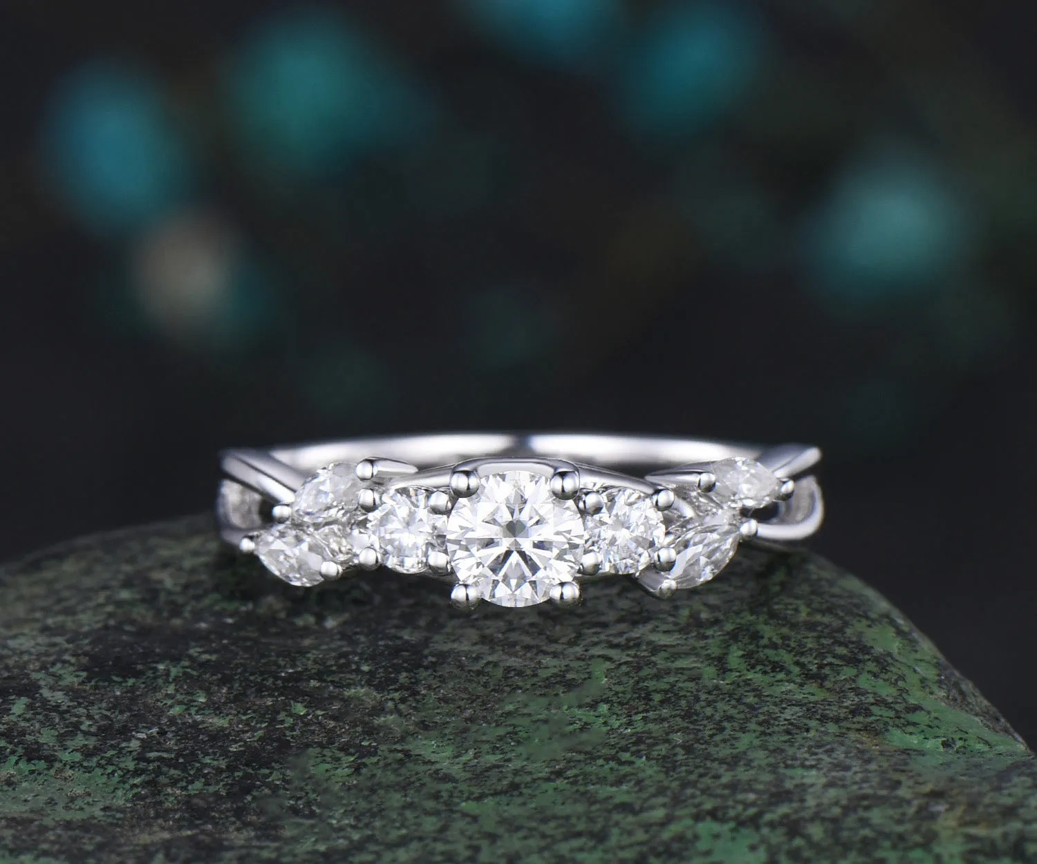 Unique 4mm Round Cut Moissanite Engagement Ring Art Deco Twisted Split Shank Ring 14k White Gold Seven Stone Bridal Ring Custom Gift For Women sold by Willwork Jewelry