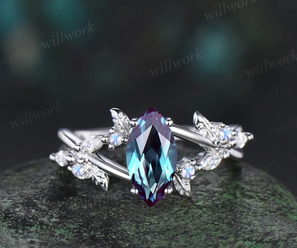 1ct marquise cut alexandrite engagement ring white gold infinity leaf moonstone ring vintage diamond promise wedding ring women sold by Willwork Jewelry
