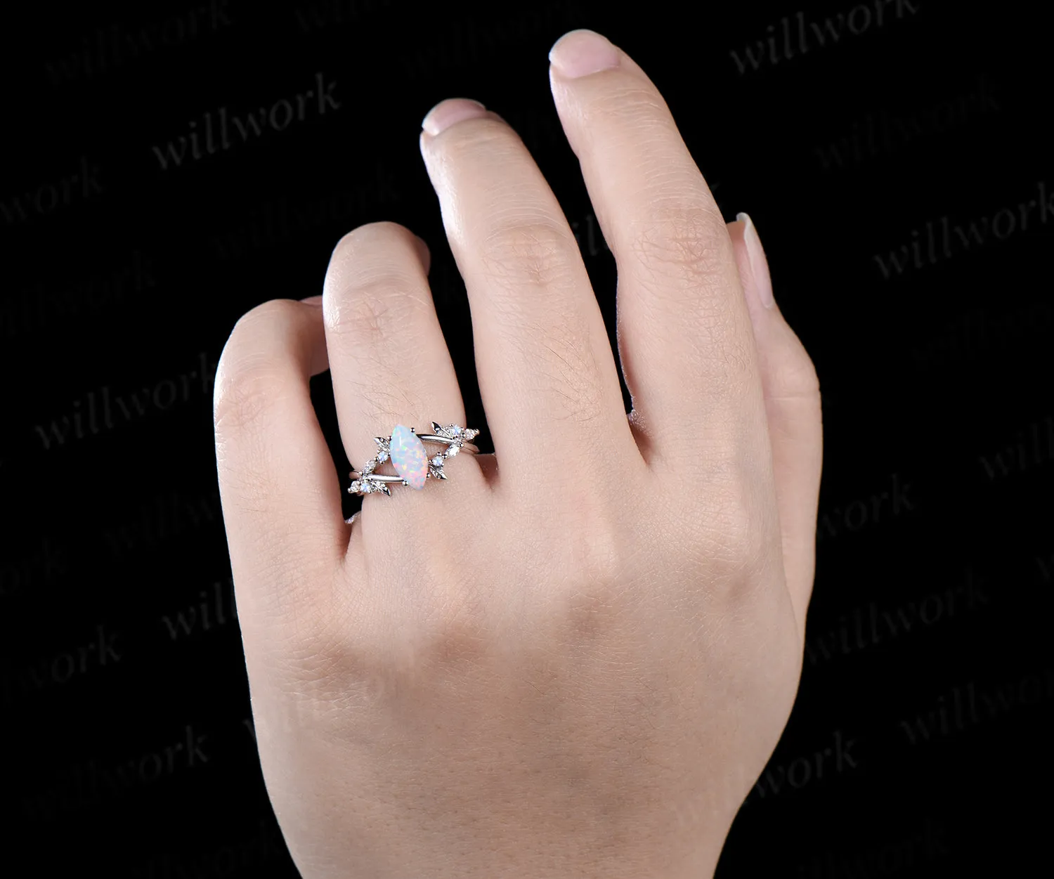 1ct marquise opal engagement ring 14k white gold infinity leaf moonstone ring vintage diamond promise wedding ring women sold by Willwork Jewelry product image thumbnail 3