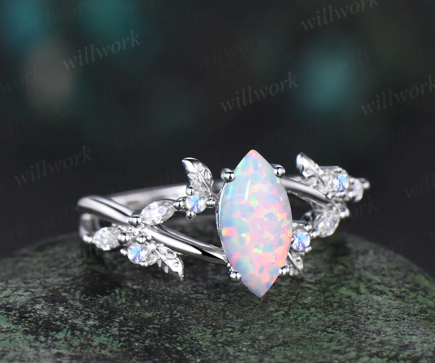 1ct marquise opal engagement ring 14k white gold infinity leaf moonstone ring vintage diamond promise wedding ring women sold by Willwork Jewelry product image thumbnail 2