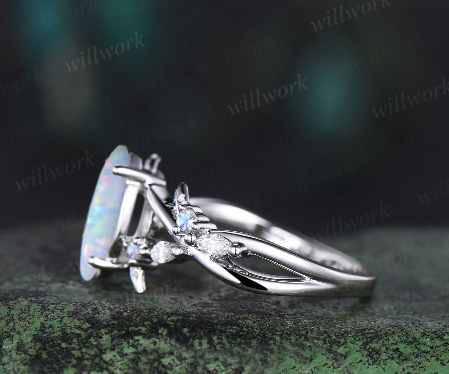 1ct marquise opal engagement ring 14k white gold infinity leaf moonstone ring vintage diamond promise wedding ring women sold by Willwork Jewelry product image thumbnail 4