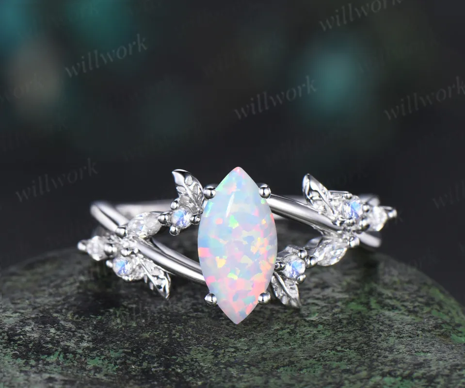 1ct marquise opal engagement ring 14k white gold infinity leaf moonstone ring vintage diamond promise wedding ring women sold by Willwork Jewelry