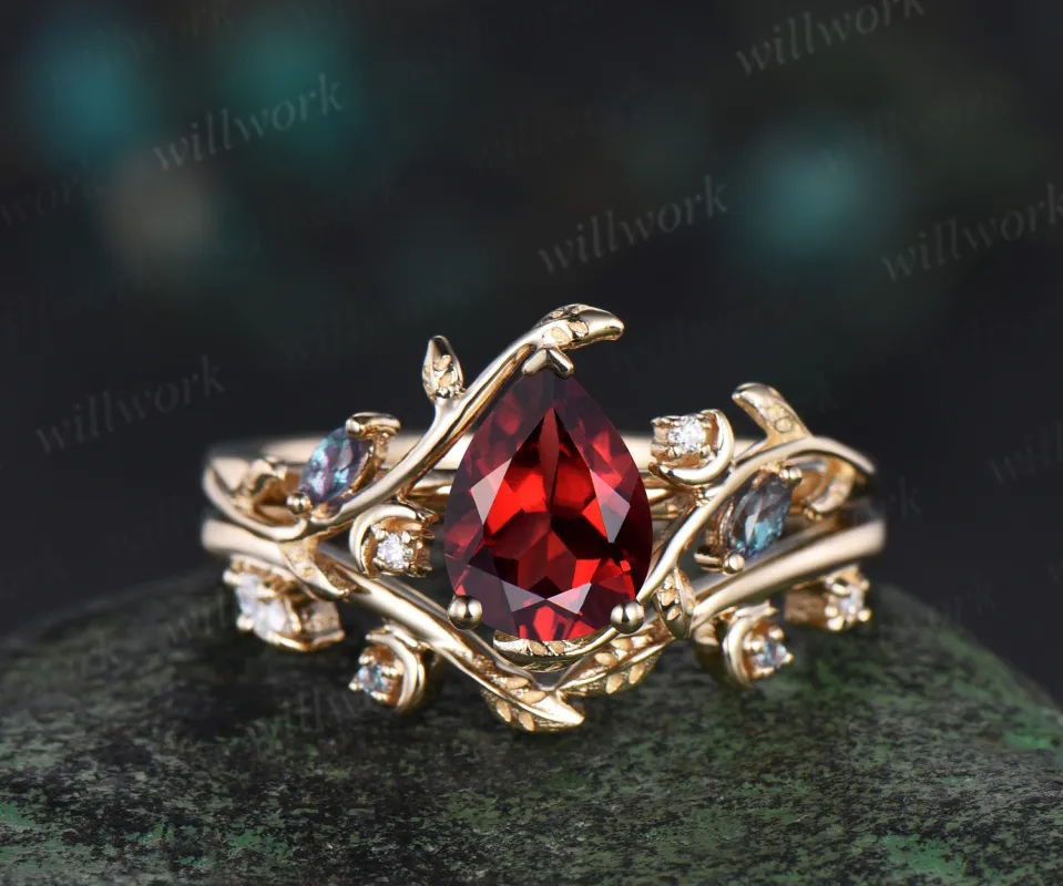 Pear cut garnet ring 14k yellow gold moon leaf alexandrite ring nature inspired engagement ring set women unique bridal set sold by Willwork Jewelry
