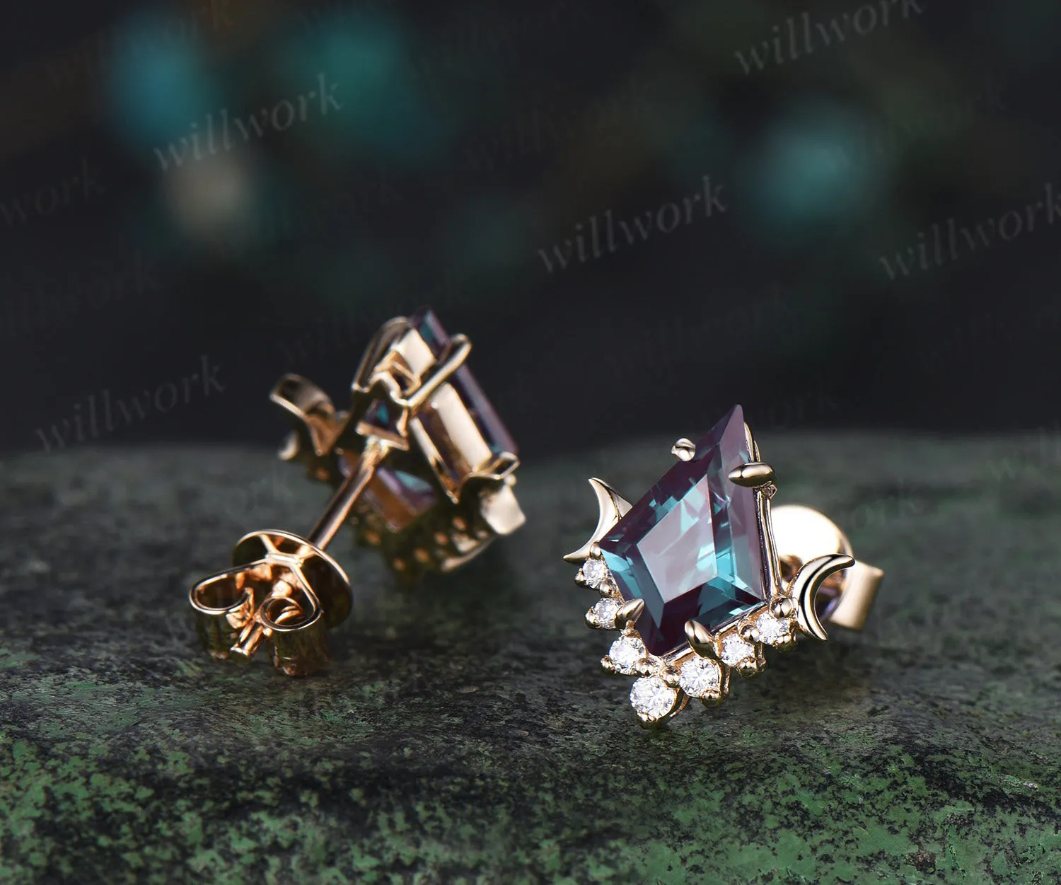 Dainty Kite Cut Alexandrite Stud Earrings Unique diamond Moon Earrings Vintage 14k yellow Gold June Birthstone Alexandrite Pierced Earrings sold by Willwork Jewelry product image thumbnail 5