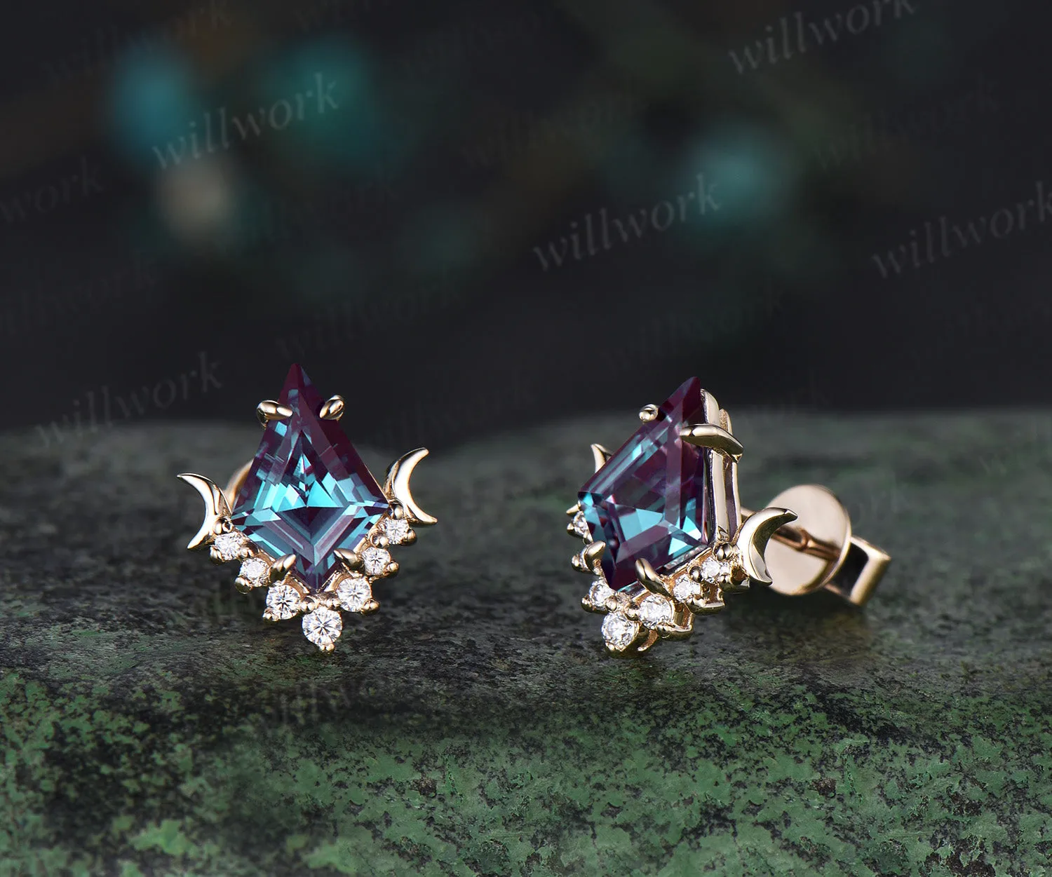 Dainty Kite Cut Alexandrite Stud Earrings Unique diamond Moon Earrings Vintage 14k yellow Gold June Birthstone Alexandrite Pierced Earrings sold by Willwork Jewelry product image thumbnail 4