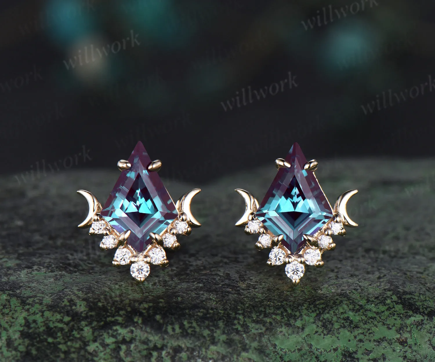Dainty Kite Cut Alexandrite Stud Earrings Unique diamond Moon Earrings Vintage 14k yellow Gold June Birthstone Alexandrite Pierced Earrings sold by Willwork Jewelry